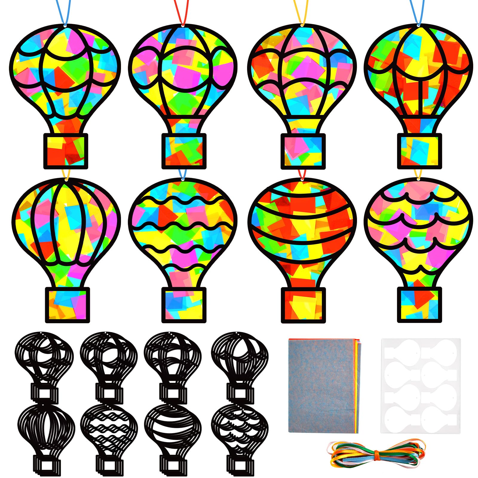 Photo 1 of 32 Sets Hot Air Balloons Tissue Paper Craft Kits Back To School Suncatchers Bulk Stained Glass Effect Hot Air Hanging Ornaments Make Your Own DIY Art Crafts Decor for Kids Classroom School Activities