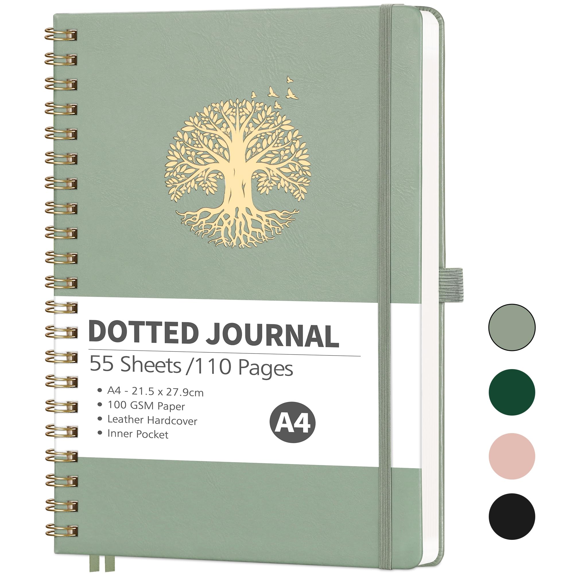 RETTACY Bullet Dotted Journal - A4 Notebook Hardcover Leather Journal,Dot Grid Notebook 110 Pages for Writing,Hardcover Leather Sketch Book, with Bookmark,Journal Stencils, Inner Pocket - LightGreen