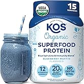KOS Plant Based Protein Powder, Blueberry Muffin - Organic Pea Protein Superfood with Spirulina and Immune Support Blend. Soy, Gluten, Dairy Free - Vegan Meal Replacement for Women & Men - 15 Servings