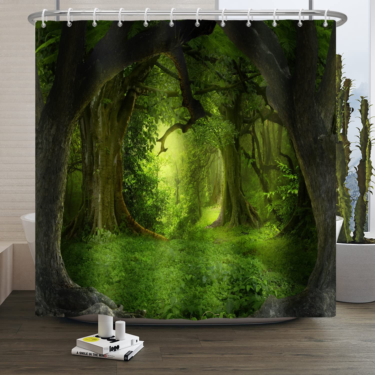 SDOTPMT 105x160cm Magic Forest Shower Curtain Fairytale Fantasy Jungle Tree Green Plant Bath Curtain Mysterious Dreamlike Natural Landscape Bathtub Curtain for Bathroom Decor with Hooks — image 1