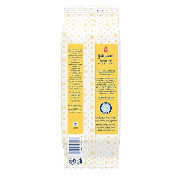 JOHNSON’S HEAD-TO-TOE GENTLE BABY CLEANSING CLOTHS, HYPOALLERGENIC AND PRE-MOISTENED BABY BATH WIPES, FREE OF PARABENS, PHTHALATES, ALCOHOL, DYES AND SOAP, 15 CT