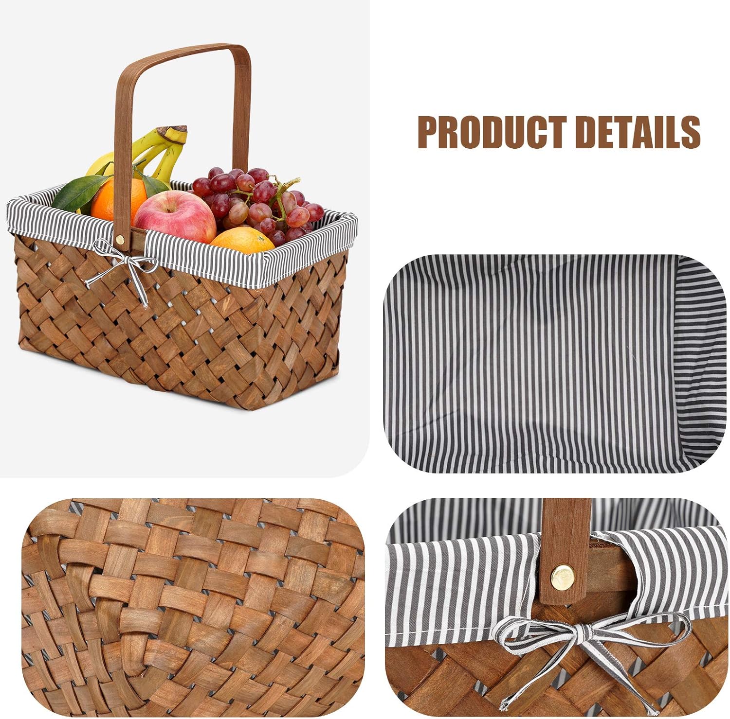 Woodchip Picnic Basket with Single Swing Handle, Hand Woven Easter Eggs and Candy Basket, Bath and Kids Toy Wicker Storage Basket, Gift Packing Basket. Wicker Small Halloween Basket,Grey: Kitchen & Dining
