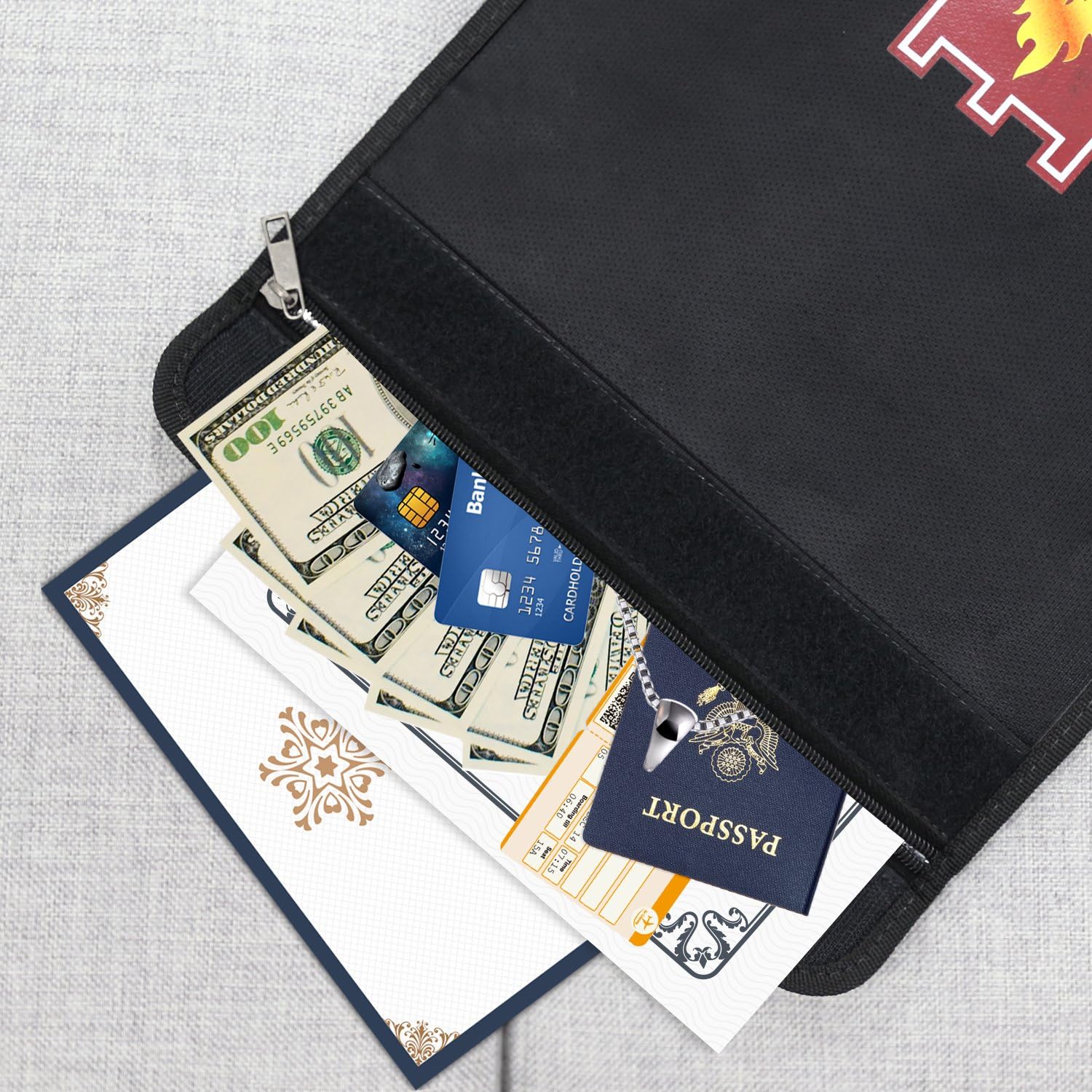 Fireproof Money & Document Bag, MoKo 15" x 11" Fire & Water Resistant Cash & Envelope Holder, Protect Your Valuables, Documents, Money, Jewelry, Zipper Closure for Maximum Protection, Black - - 