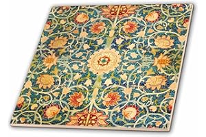 3DROSE 8 Inch Ceramic Tile - William Morris Blue Coral Orange Floral Pattern Flower Kaleidoscope Vintage Art