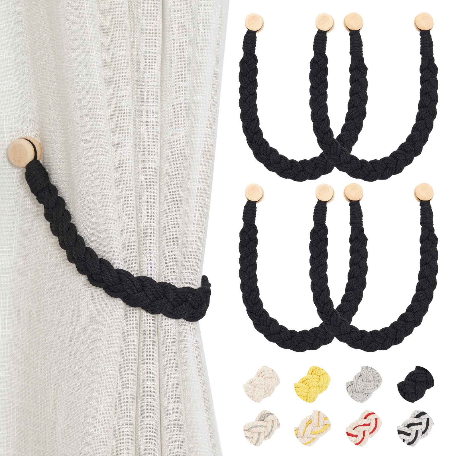 Pretty Jolly 4 Pack Wood Strong Magnetic Curtain Tiebacks Boho Style Decorative Drape Tie Backs Natural Cotton Hand-Woven Soft Rope Curtain Holdbacks for Home & Office Draperies Decor (New Black) — image 1