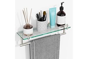 KOCOK Floating Tempered Glass Bathroom Shelf with Towel Bar - Brushed Nickel & Stainless Steel, Wall Mount 16 Inch