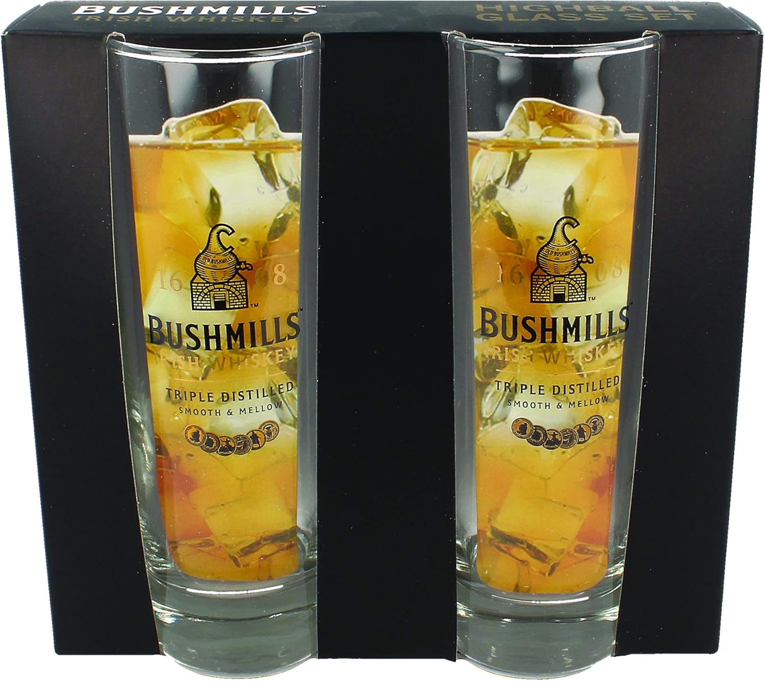 Bushmills Irish Whiskey Highball Glasses Glass Set Heavy Base with Logo