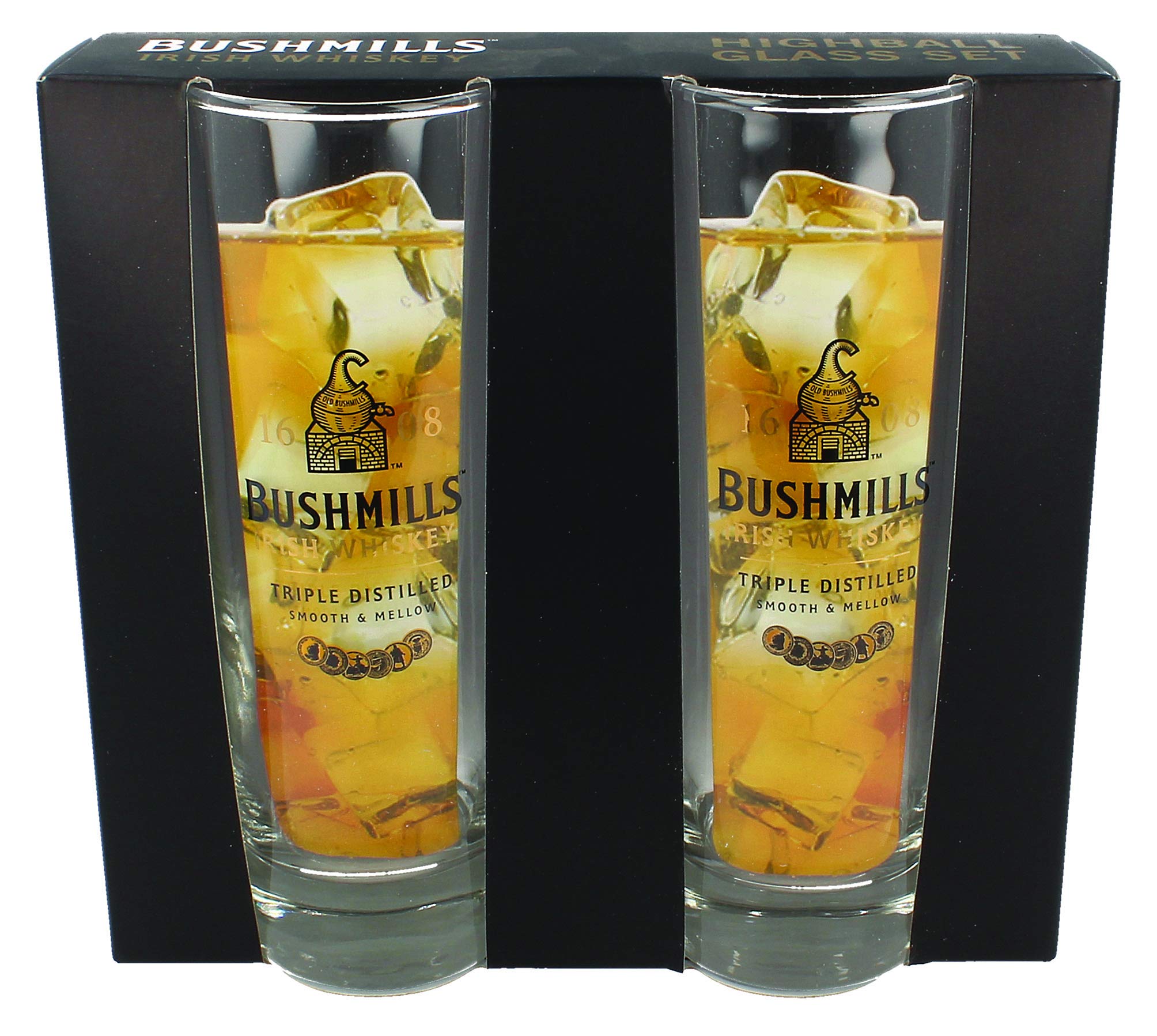 Bushmills Irish Whiskey Highball Glasses Glass Set Heavy Base with Logo Design | Ireland Bar Glassware Barware Bar Kitchen Home Kitchen Accessories