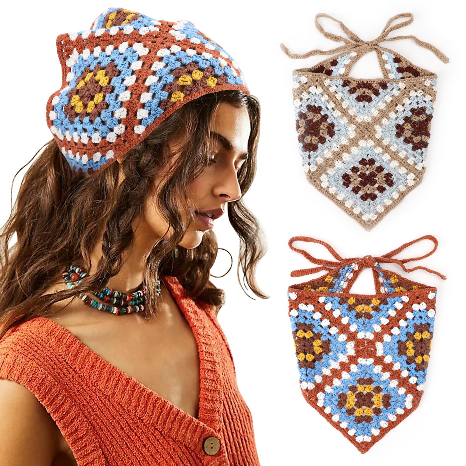 DRESHOW 2 PCS Crochet Hair Bandana Vintage Knotted Headscarf Strawberry Print Headband Knitted Head Kerchief for Women Girls