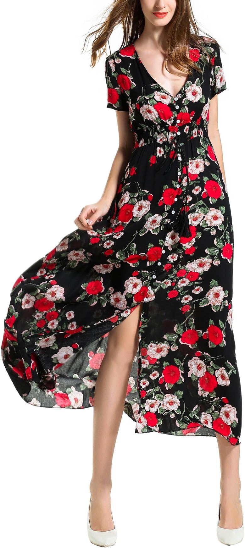 ANGELADY Bohemian Women Button Up Split Floral Print Short Sleeve Beach Maxi Dress Black Red Small
