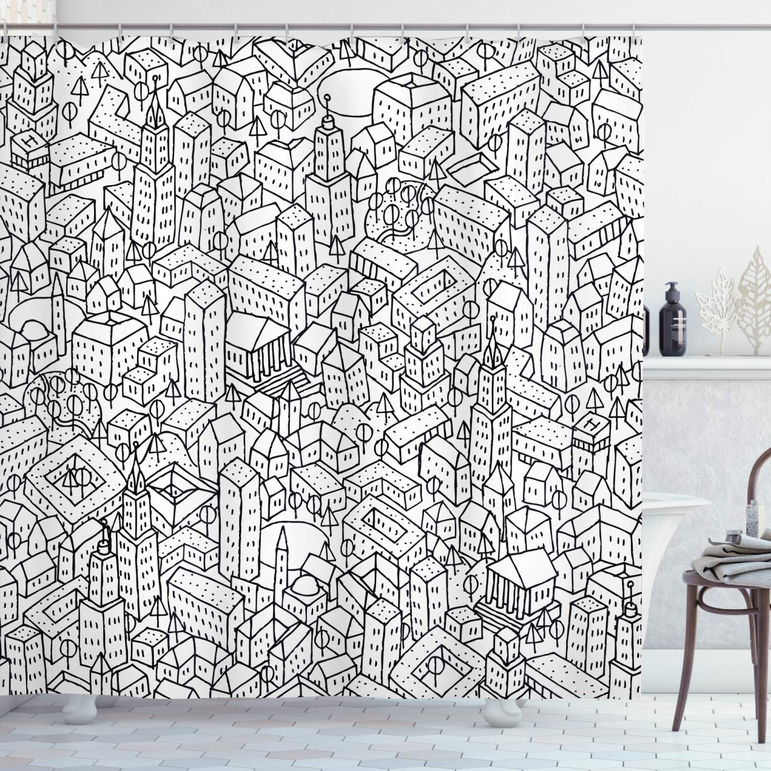 ABAKUHAUS City Shower Curtain, Crowded Urban Life Depiction in a Simple Black and White Drawing Big Buildings, Cloth Fabric Bathroom Decor Set with Hooks, 94 Inches, Black White
