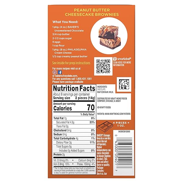 BAKER’S UNSWEETENED CHOCOLATE PREMIUM BAKING BAR WITH 100 % CACAO (4 OZ BOX)