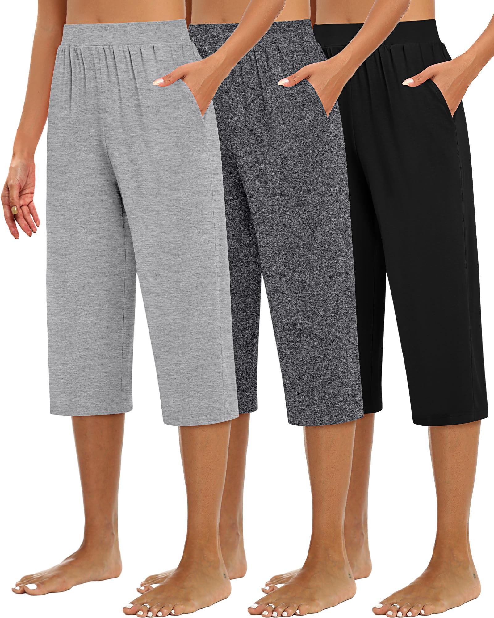 Photo 1 of Huukeay 3 Pack Women's Capri Sweatpants, Cozy Wide Legs Cropped Capri with Pockets, Lounge Jogger Pants Workout Yoga Solid(X-Large,Black, Dark Gray, Light Gray)