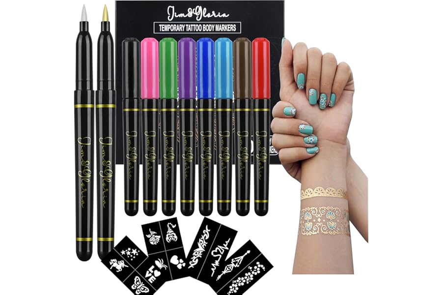 Jim&Gloria Skin Markers Temporary Tattoo Pen 10 Colors with Gold and Silver, Fake Body Paint Tattoos, Christmas Makeup, Face Painting Kit Teen Girl Gifts Trendy Stuff Adults Kids Birthday Gift