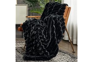 Cozy Bliss Faux Fur Throw Blanket for Couch, Cozy Warm Plush Striped Blanket for Sofa Bedroom Living Room, 50 * 60 Inches Black