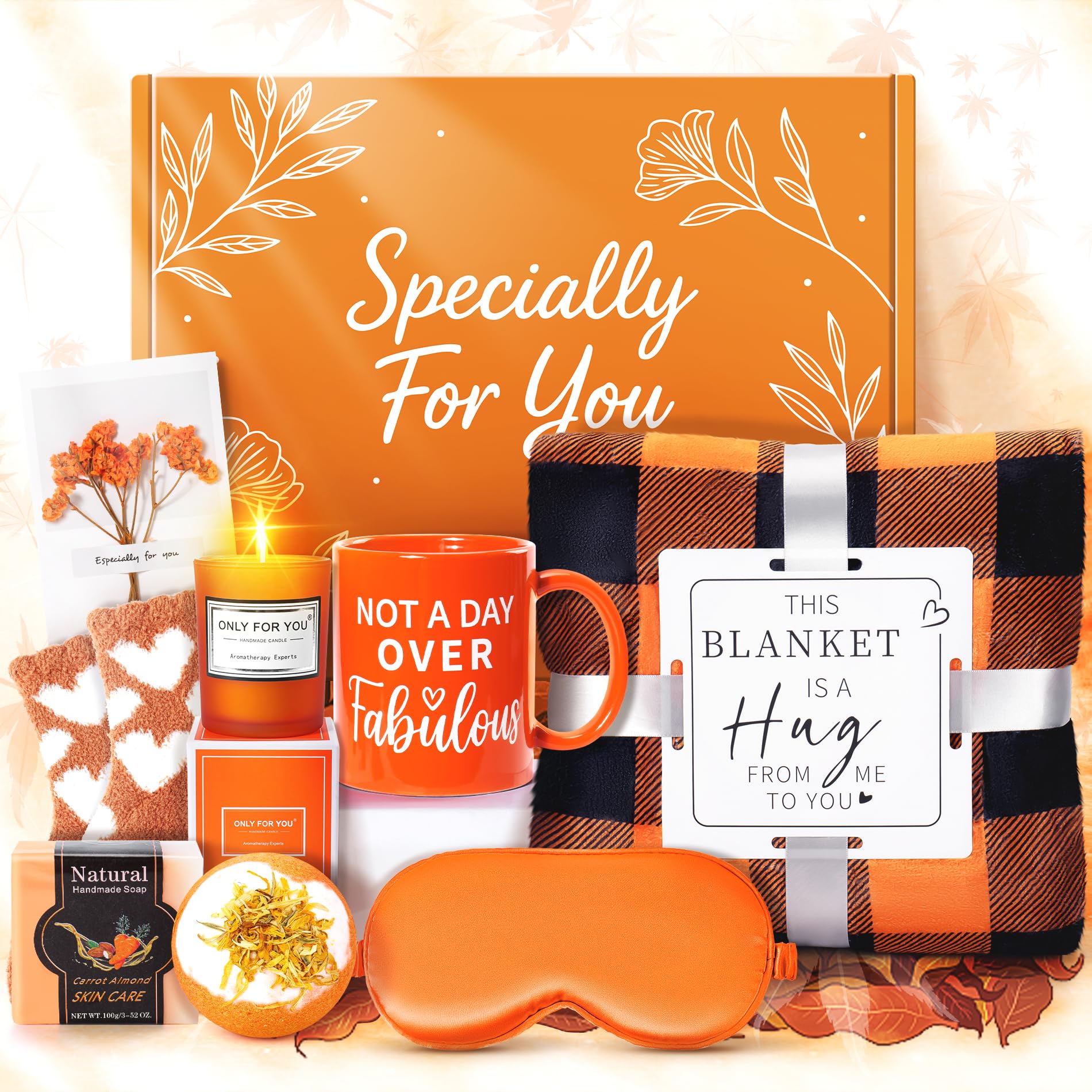 Photo 1 of 13PCS Fall Gifts Orange Gifts for Women,Thank You Birthday Baskets for Women Wife Mom Sister Friend Girlfriend Teacher Get Well Self Care Package Graduation,Sympathy,Retirement
