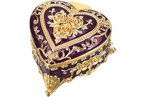Hipiwe Decorative Jewelry Box Purple Vintage Jewelry Storage Case with Rose Pattern Heart Shaped Treasure Chest Box for Earrings Ring Necklace Keepsake Organizer
