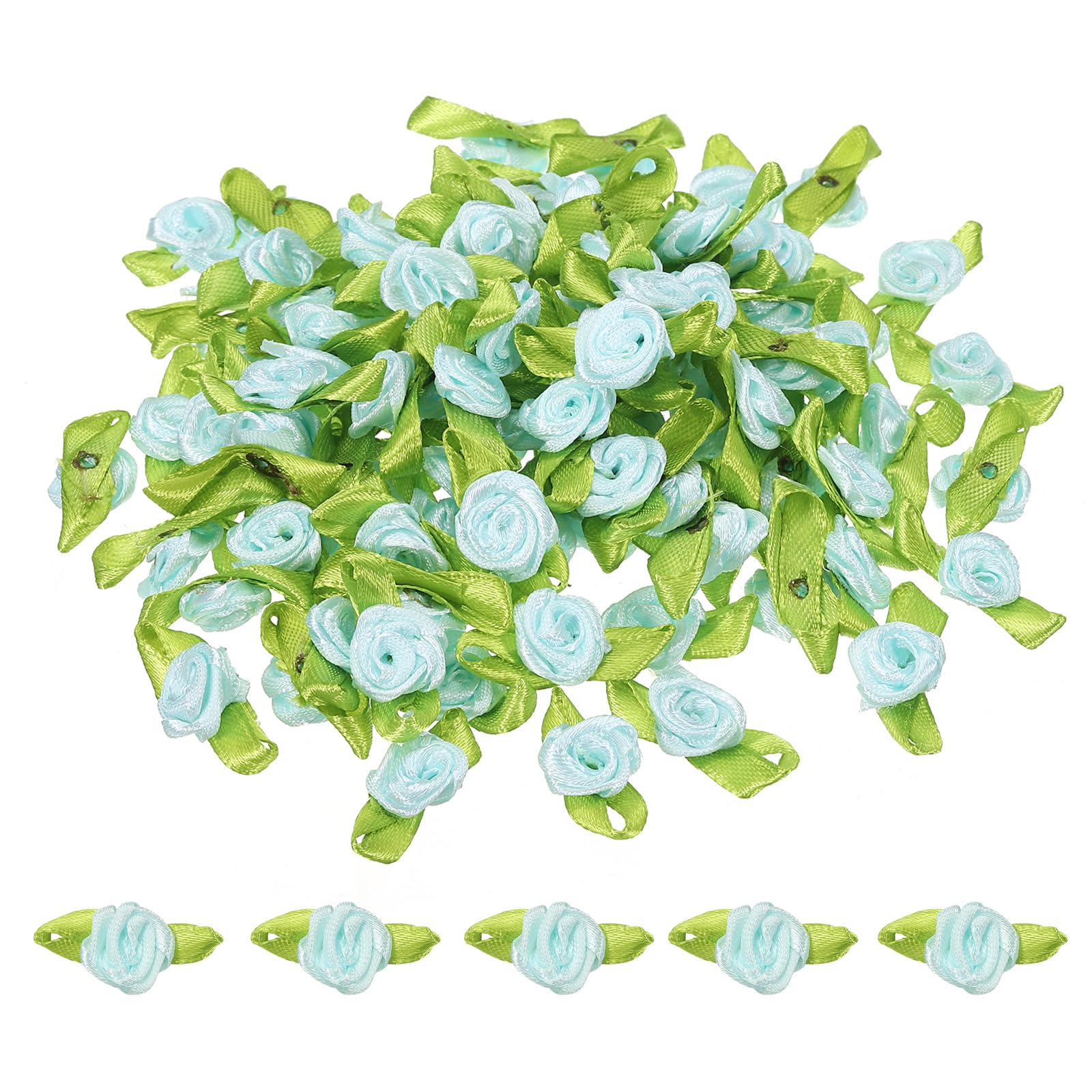 PATIKIL Mini Ribbon Roses, 100 Pcs Tiny Satin Fabric Flowers with Green Leaves Embellishments Rosettes Applique for DIY Crafts Sewing Wedding,Light Blue — image 1