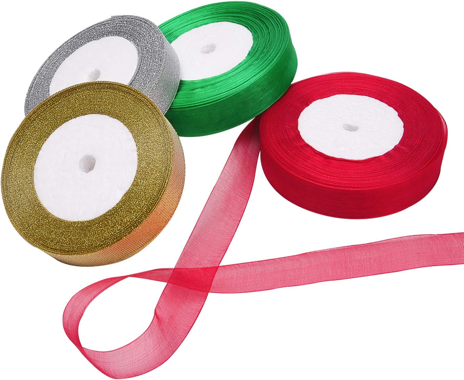 Livder 4 Rolls 4/5 Inch in Width Christmas Metallic Glitter Organza Ribbons Golden, Silvery, Red, Green Ribbon for Gift Wrapping, Christmas Tree Room Decoration: Arts, Crafts & Sewing