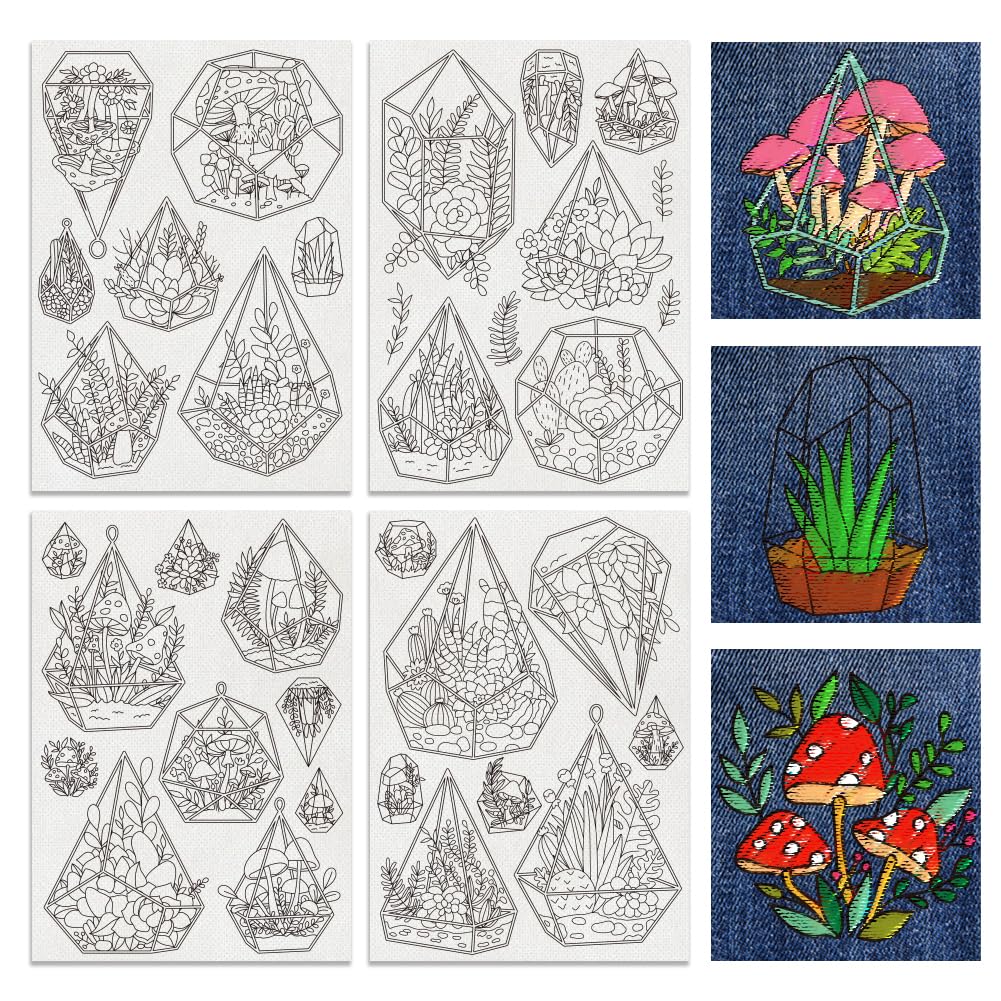 BENECREAT 31pcs Water Soluble Embroidery Stabilizers, Geometric Vessel Stick and Stitch Embroidery Paper Wash Away, Green Plants Embroidery Patterns Transfer Paper for Beginners