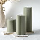 Conelist Ribbed Pillar Candles Set of 3, Width 3" High 4" 6" 8" Large Soy Wax Orchids Scented Pillar Candles Aesthetic Ribbed Modern Home Decor for Bathroom Living Room(Bean Green)