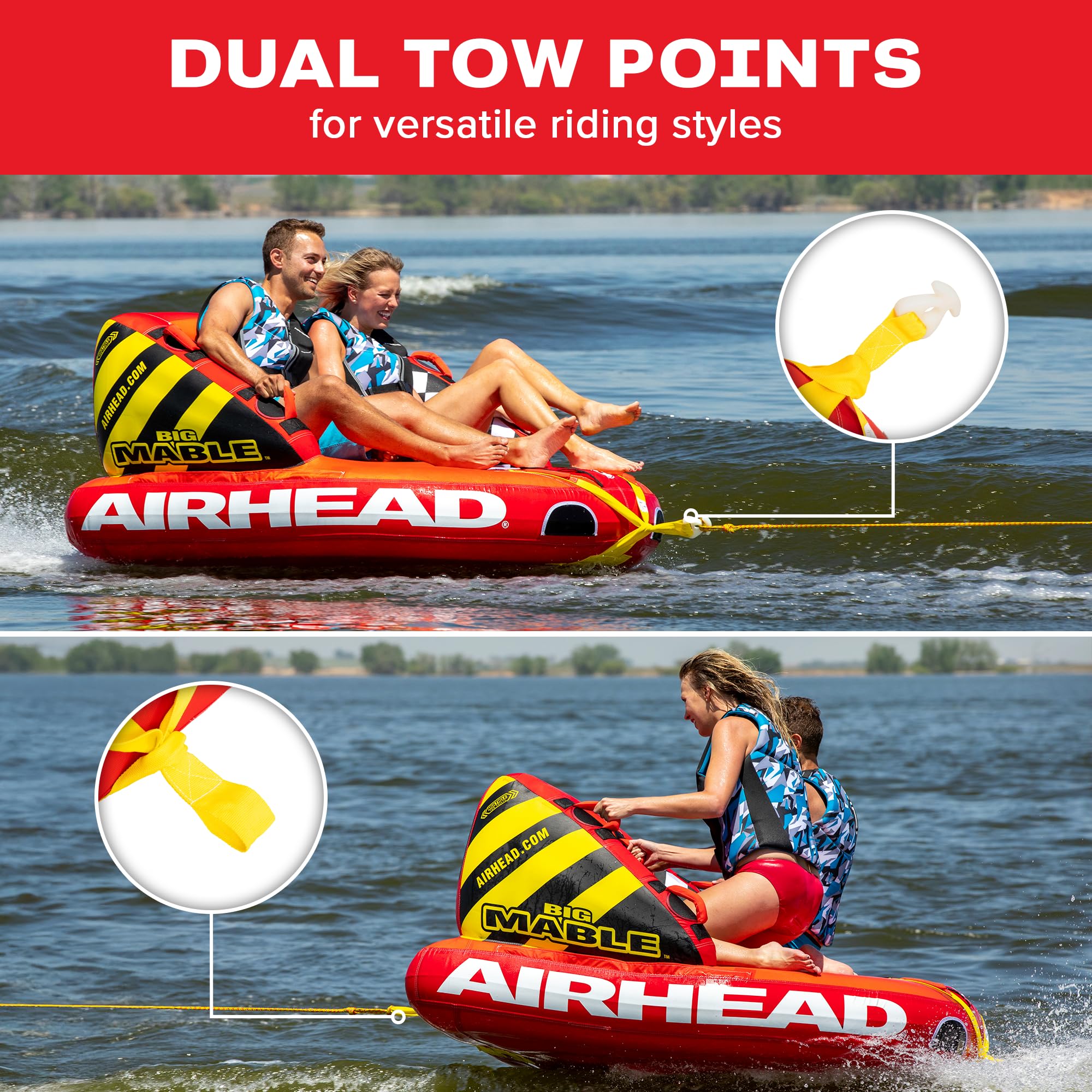 Airhead Mable Inflatable Towable Tube, 1-4 Rider Models, Dual Tow Points, Full Nylon Cover, EVA Foam Pads, Patented Speed Valve, Boat Tubes and Towables