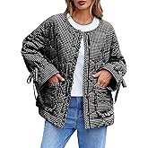 Tankaneo Womens Cropped Quilted Puffer Jackets Lightweight Plaid Button Down Bow Padded Down Coat