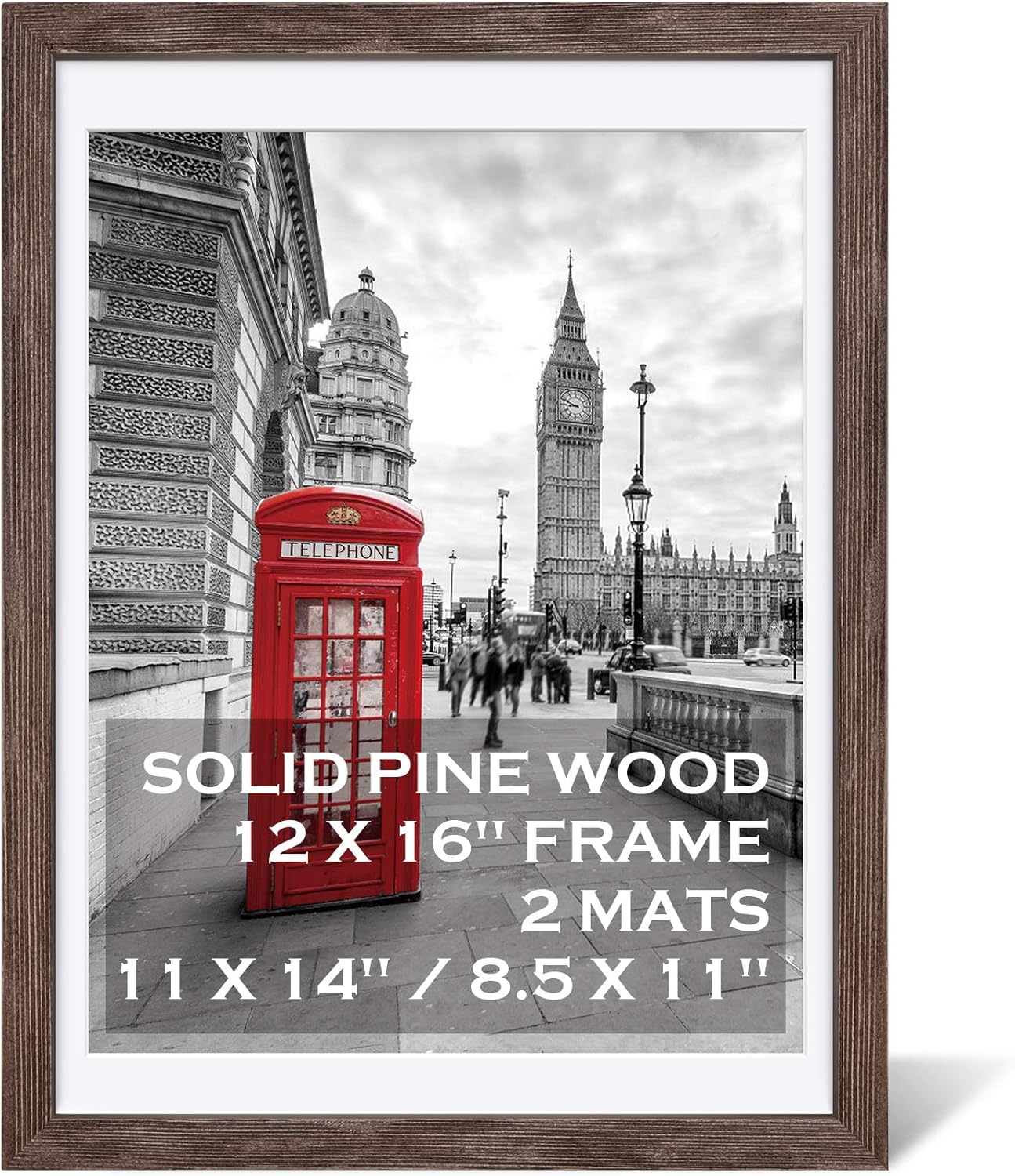 12x16 Rustic Picture Frames Solid Wood Display Pictures 11x14 or 8.5x11 Diplomas with Mat or 12x16 without Mat, Farmhouse Distressed Wooden Picture Frame for Wall or Table Top Display, Walnut -