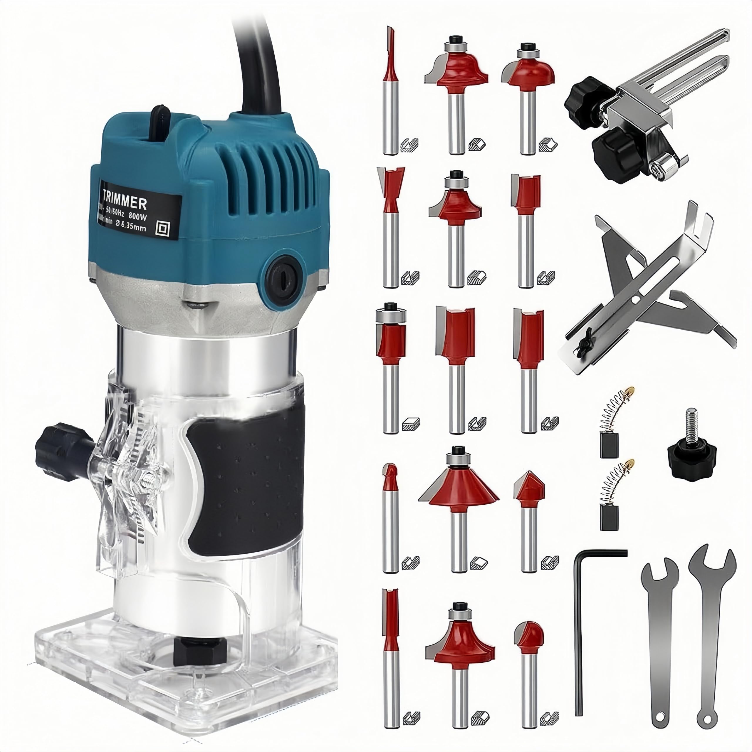 Photo 1 of 110V 800W Wood Router Tool, 30000RPM Electric Palm Trim Router, Compact Hand Router with 15x 1/4” Router Bits & 2x Trim Guides for Woodworking Adjustable Base Height w/Scale