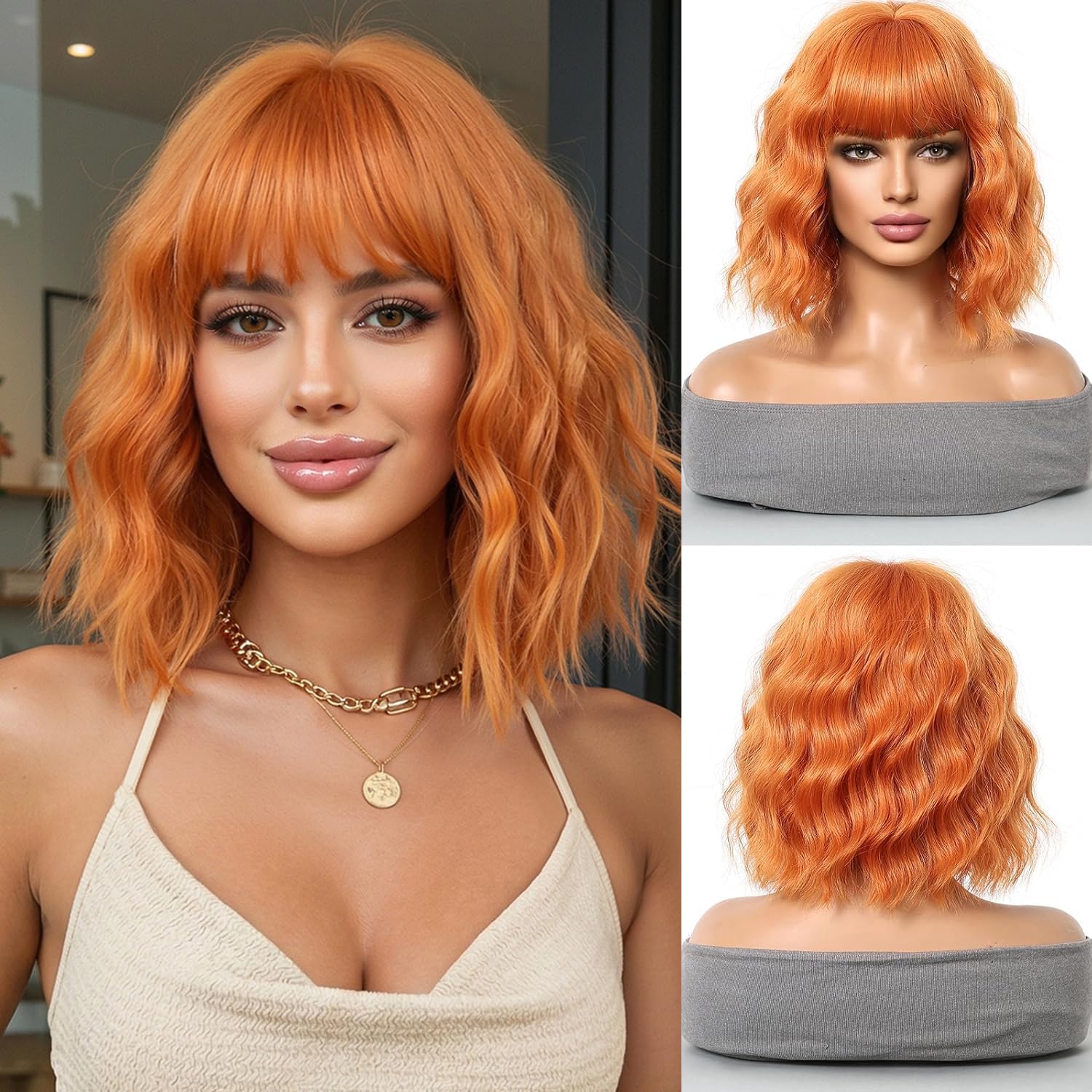 OUFEI Long Orange Wig With Bangs Natural Wavy Wigs for Women Natural Synthetic Hair Heat Resistant Wigs for Daily Party Cosplay Wear — image 1