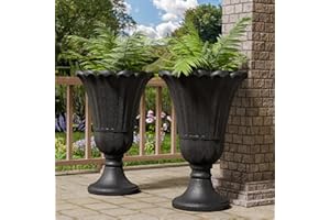 Trygoal 23.6" Tall Plastic Urn Planters for Outdoor Plants, Set of 2 Heavy-Duty Classic Indoor Large Flower Pots with Drainage Holes & Petal Design, Outdoor Planters for Porch, Home Garden, Black