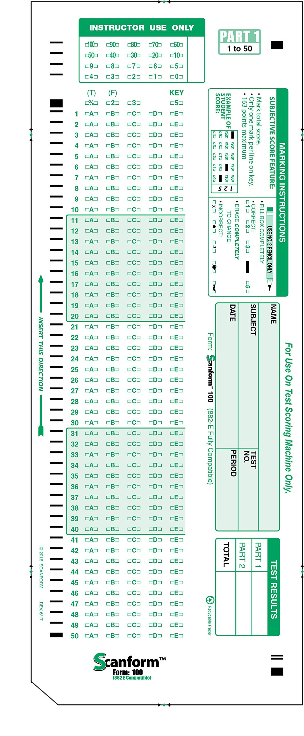 SCANFORM-100, 30/pkg, 882 E Compatible testing Forms, 100 Question Test Sheet