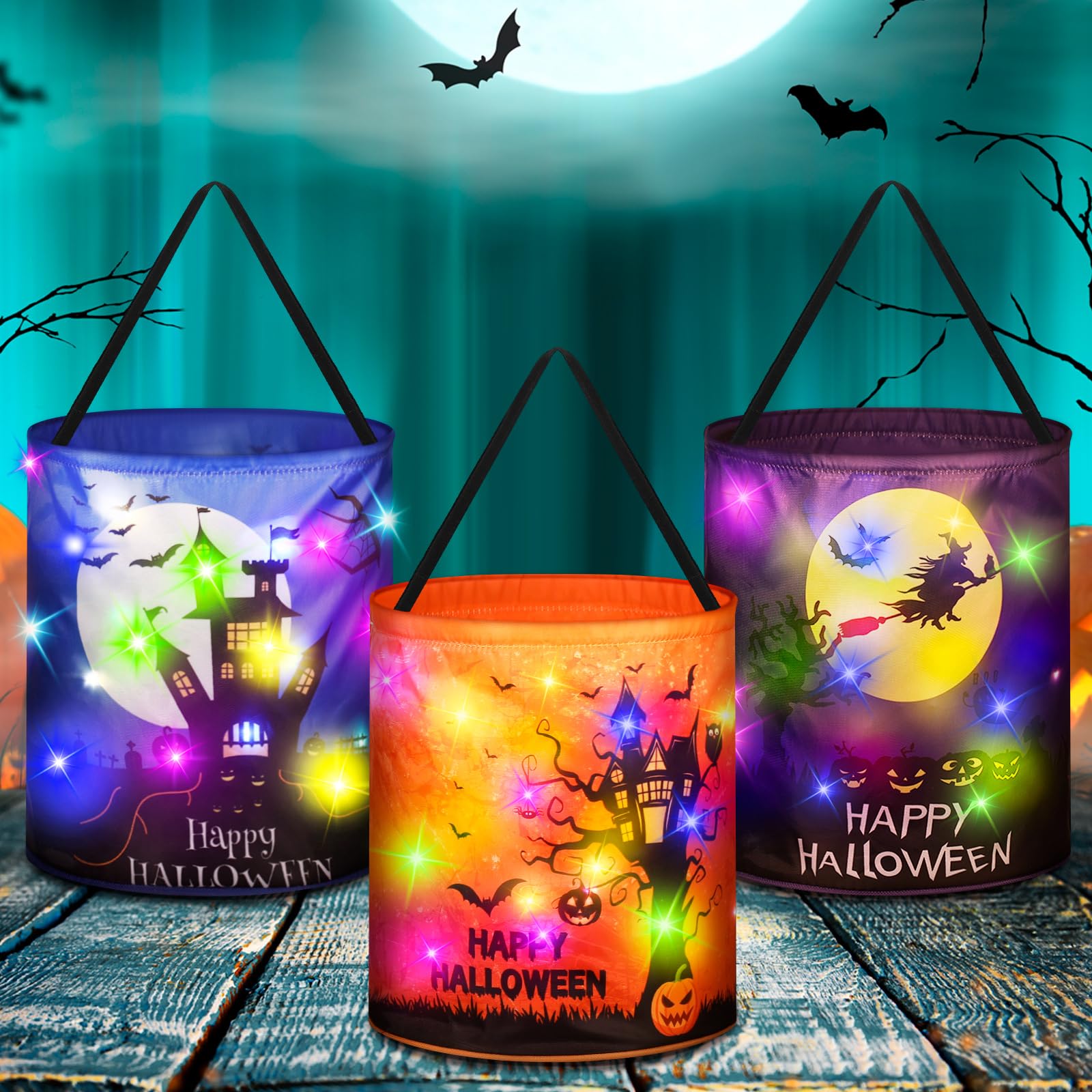 Photo 1 of ***MISSING PIECES*** Sanwuta 3 Pcs Lighted Halloween Trick or Treat Bucket 10 x 10.5 Inches LED Spooky House Castle Bag Reusable Goody Candy Bucket for Kids Trick or Treat Halloween Birthday Party Favor Supplies(Classic)
