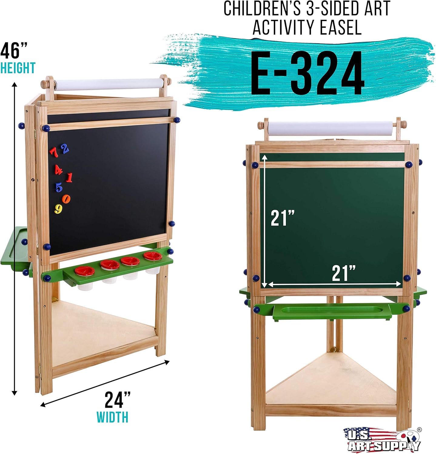 U.S. Art Supply Children's 3-Sided Art Activity Easel with Chalkboard, Large Paper Roll, Shelf & Plastic Paint Cups: Arts, Crafts & Sewing