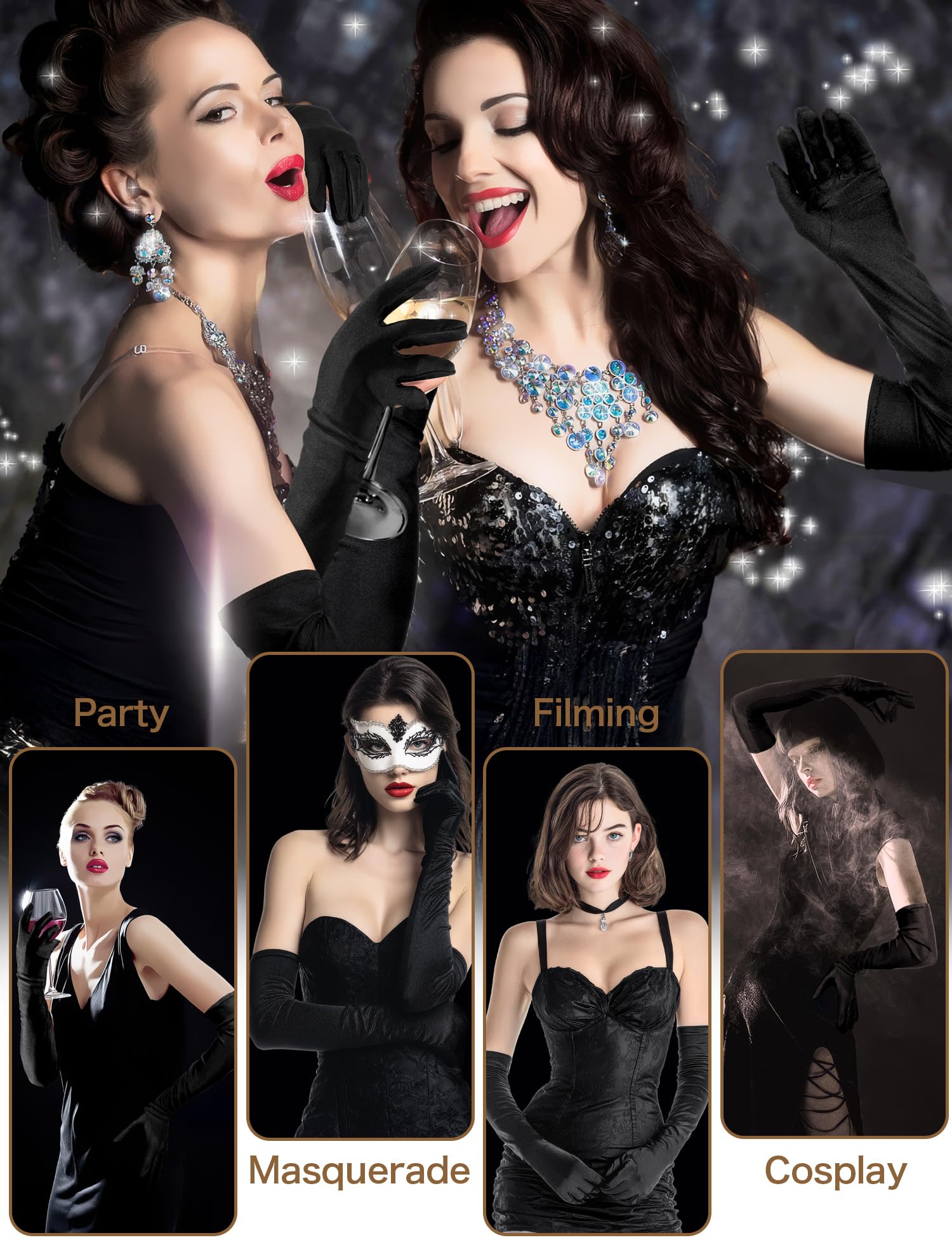 BEVTEE Long Black Gloves Women Formal, 2 Pairs Opera Gloves Costume, Stretchy Satin Gloves, 1920s Accessories, 20.8 Inch