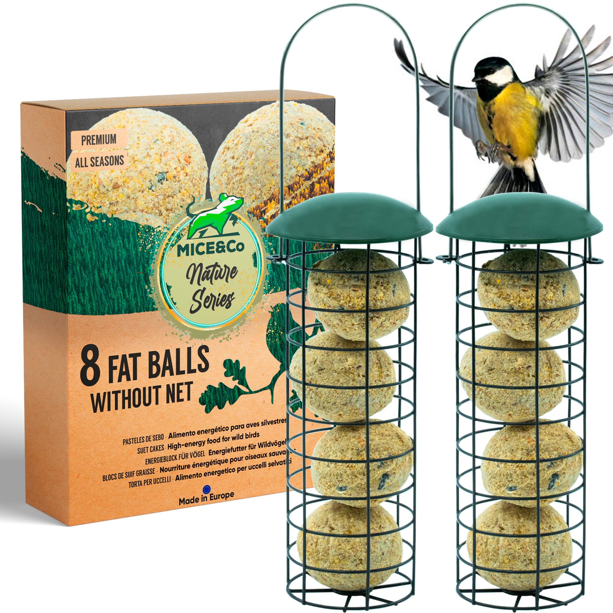 Mice&Co Fat Ball Wild Bird Feeder - Hanging Feeder Station Pre-Filled with Premium Fat Balls - Outdoor Garden Feeder | Set 2 Feeders & 16 Suet Balls