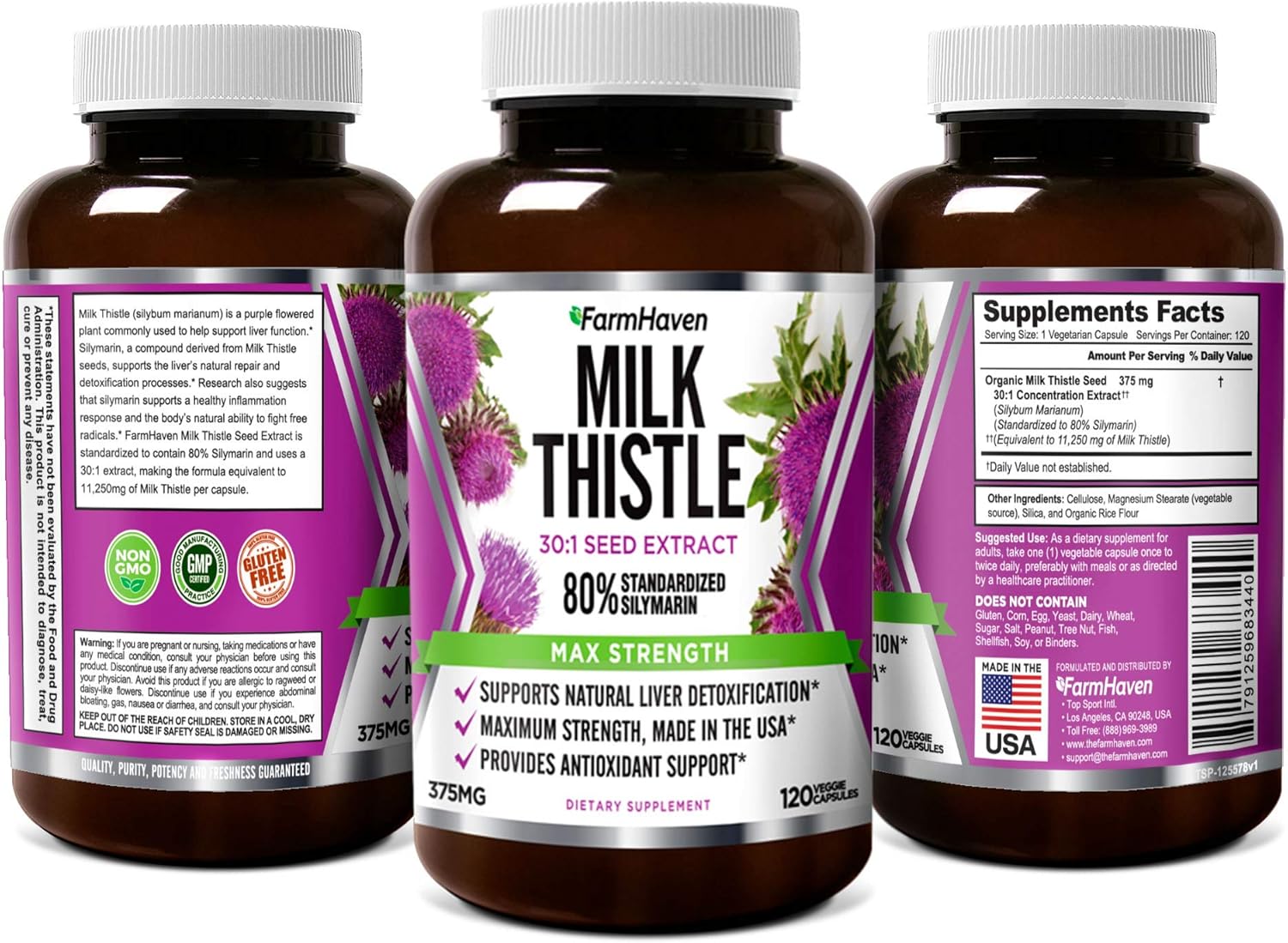 FarmHaven Milk Thistle Capsules | 11250mg Strength | 30X Concentrated Seed Extract & 80% Silymarin Standardized - Supports Liver Function and Overall Health | Non-GMO | 120 Veggie Capsules: Health & Personal Care