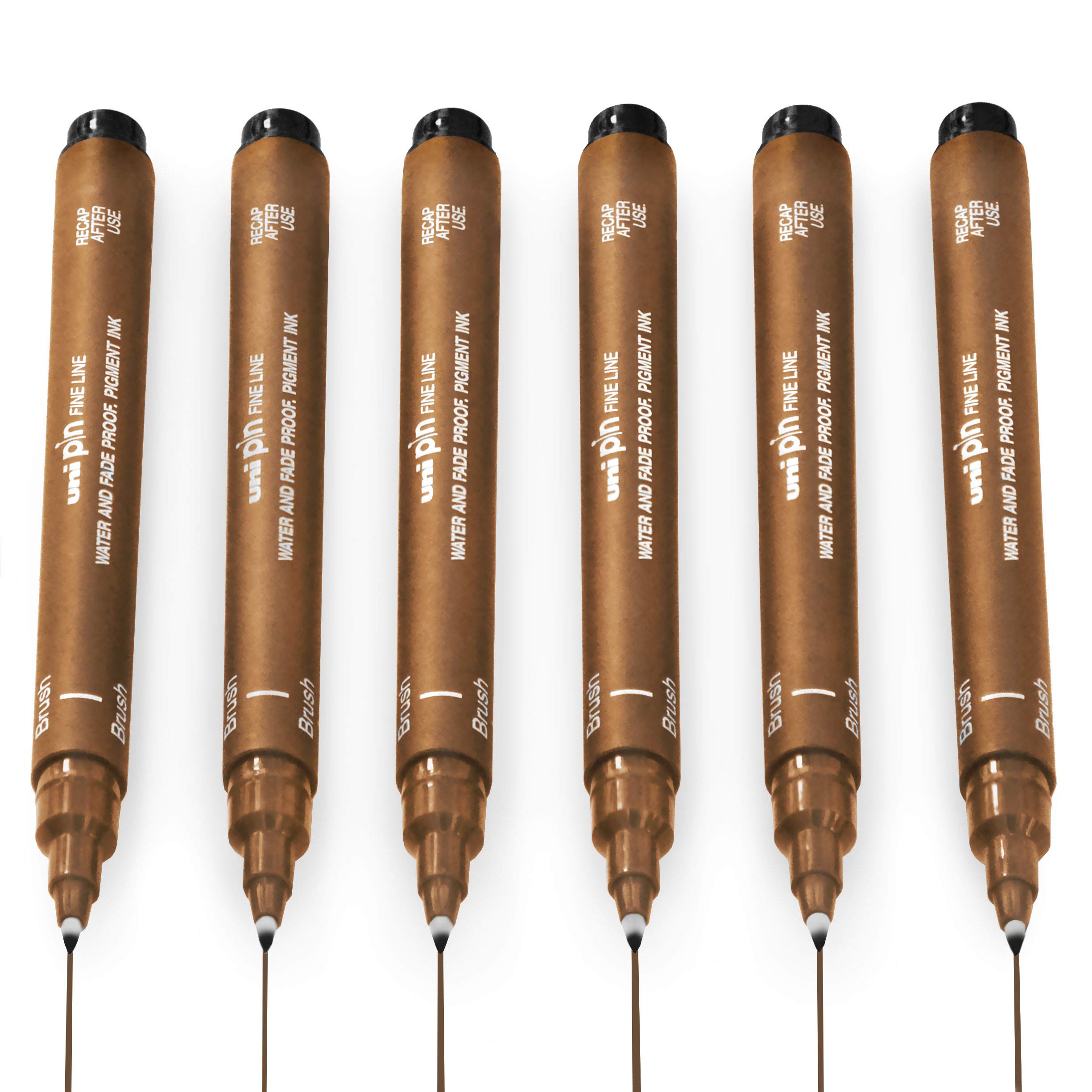 Uni Pin Fineliner Drawing Pen - Sepia Ink - Brush Nib - Pack of 6