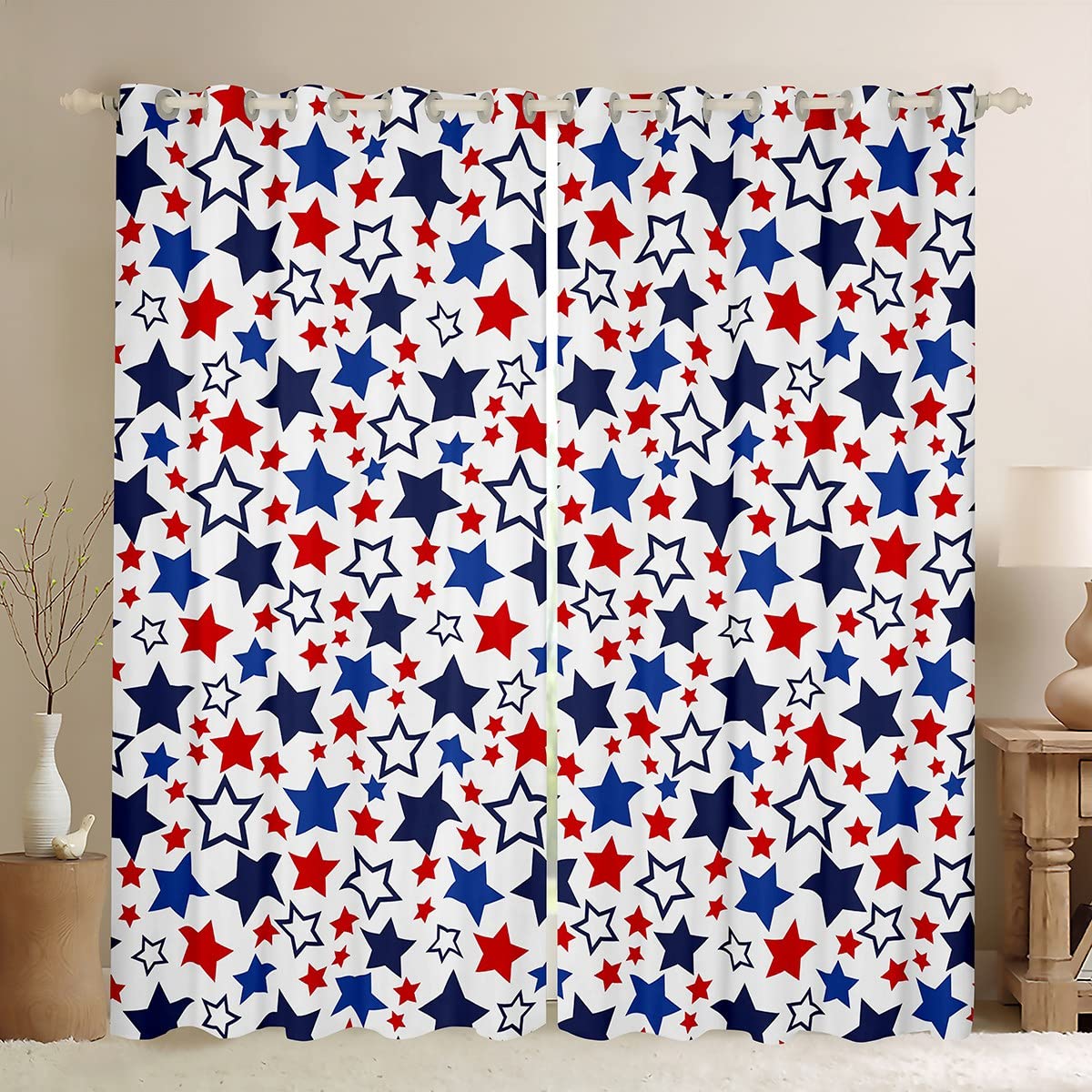 Manfei Stars Kids Blackout Curtain Colorful Stars Print Window Treatments, Red Blue White Stars Window Drapes for Boys Girls Room Decor Grommet Top 2 Panel Set Bedroom Curtains, 46Wx54L inch