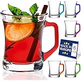 Hakan Manhattan Clear Glass Tea Cups of 6 with Colorful Handles, 6 Pcs, 7.5 Oz (225 cc), Glass Coffee Cups with Rainbow Handles Transparent Clear Glasses for Hot Cold Beverages in Gift Box