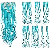 SWACC 7 Pcs Full Head Party Highlights Clip on in Hair Extensions For Women Colored Hair Streak Synthetic Hairpieces (20-Inch Curly, Teal Blue)