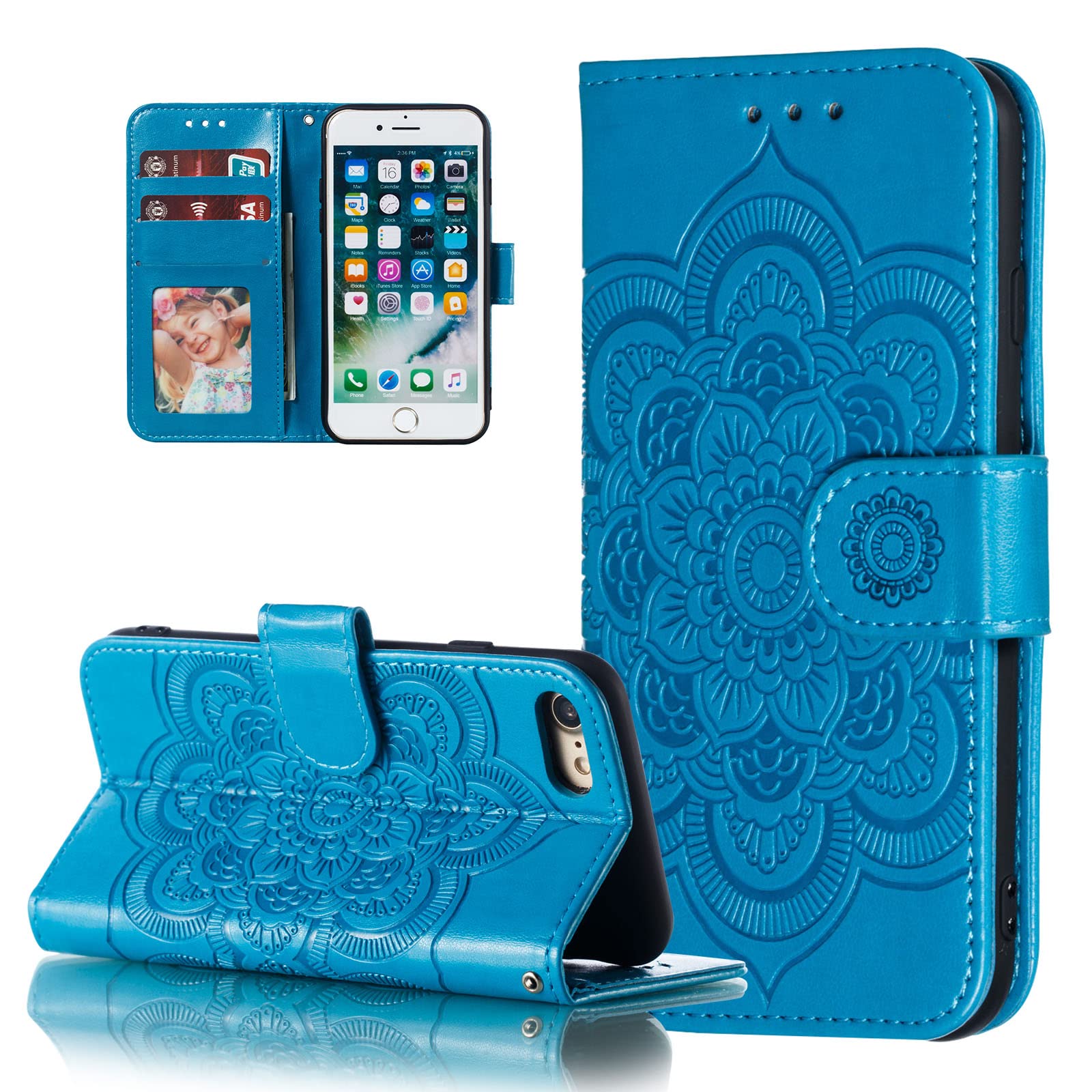EYZUTAK Case for iPhone XR, Premium Flip Wallet Phone Case PU Leather Mandala Embossed Design Shockproof Cover with Kickstand Card Holder Protective Case - Blue