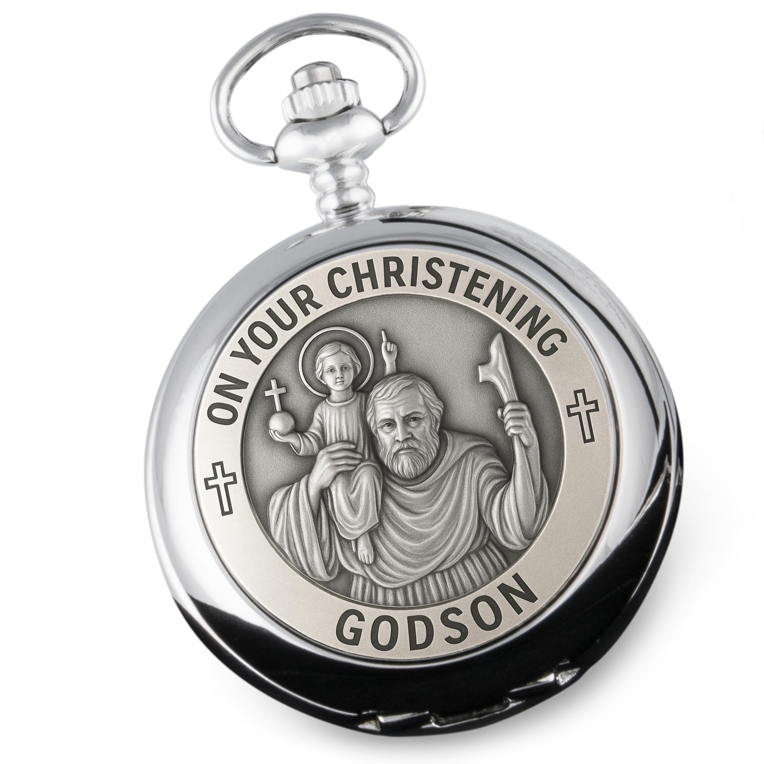 De Walden Godson Christening St Christopher Pewter Front Pocket Watch Godson's Gift Idea