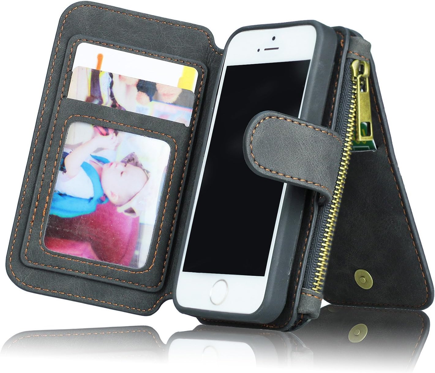 For iPhone 5/5s 5se Wallet Case, MEGSHI Premium Zipper Wallet Leather Detachable Magnetic Case Purse Clutch Removable Case Card Slots Flip Credit Cover for iPhone 5/5s 5se 4 inch (Black)