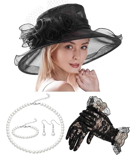 Wide Brim Organza Derby Hat Set with Gloves and Pearl Jewelry Wide Brim Organza Derby Hat Set with Gloves and Pearl Jewelry main image 3