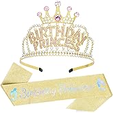 Birthday Crown and Sash for Women, Gold Birth Day Princess Crown Headband Sash, Girl Crown Tiara Birthday Decorations Gifts