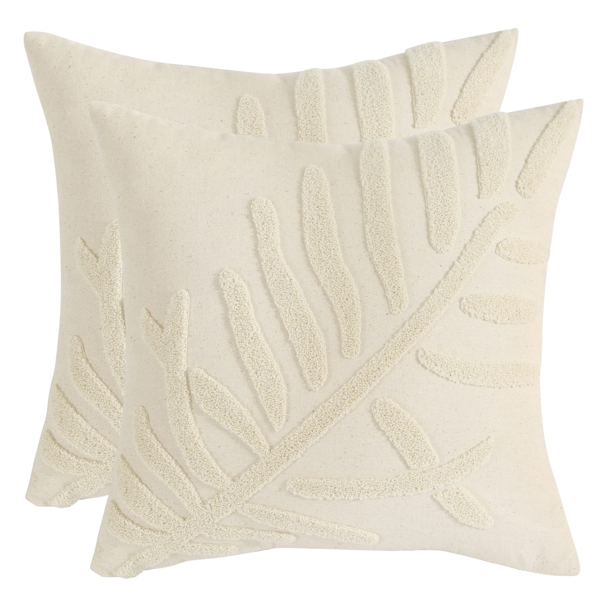 Tosleo 2Pack Throw Pillow Covers Spring Summer Beige Leaf Tufted Embroidery 16x16In Cushion Cover Cotton Linen Leaves Decorative for Sofa Living Room Bed Couch Car Gift Home Deco 40x40CM