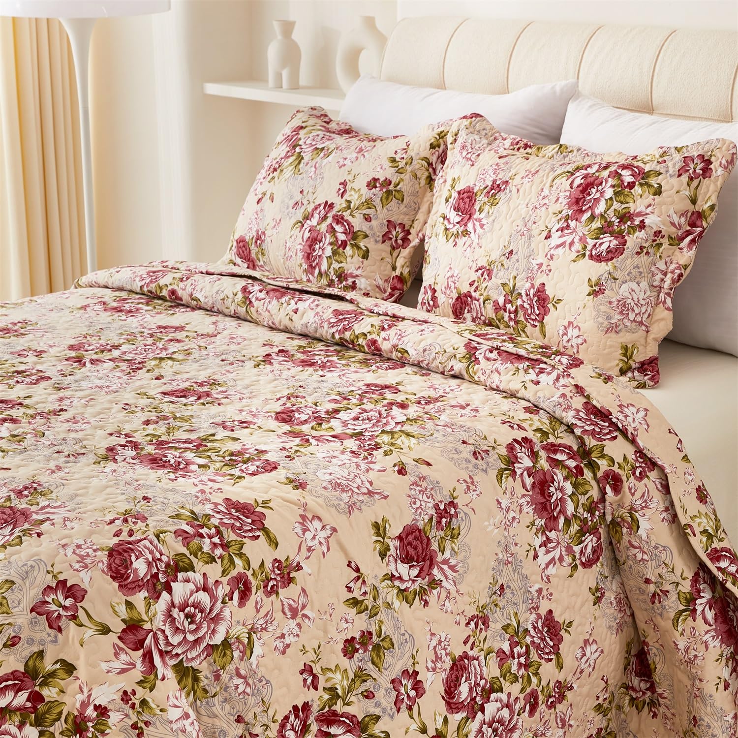 Photo 1 of Cmfshape Summer Floral Queen Quilted Bedspread,Romantic Red Quilt Set,Reversible Stitched Bedding Cover All Season,Soft Lightweight Coverlet with Pillow Cases (Red Rose, Queen(90"x90"))