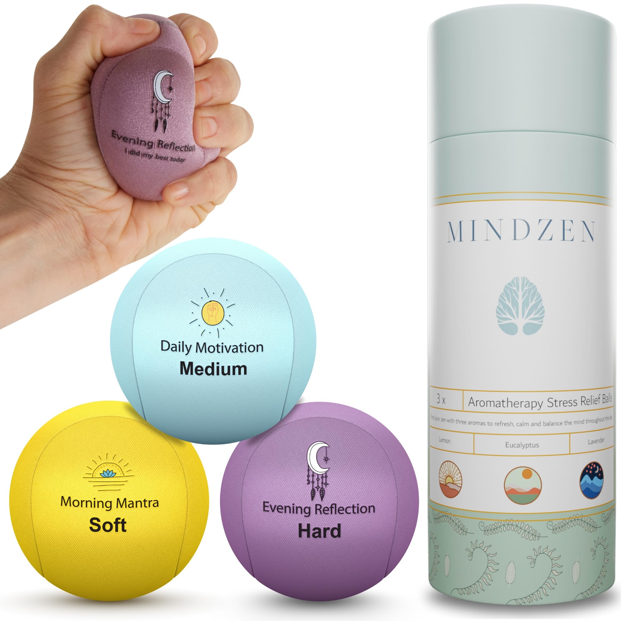 Mindzen Calming Stress Balls for Adults, Aromatherapy Infused for Anxiety & Stress Relief, Promote Mindfulness & Improve Focus, Multi Strength Hand Grip Exercise & Boho Style Sensory Fidget for Kids