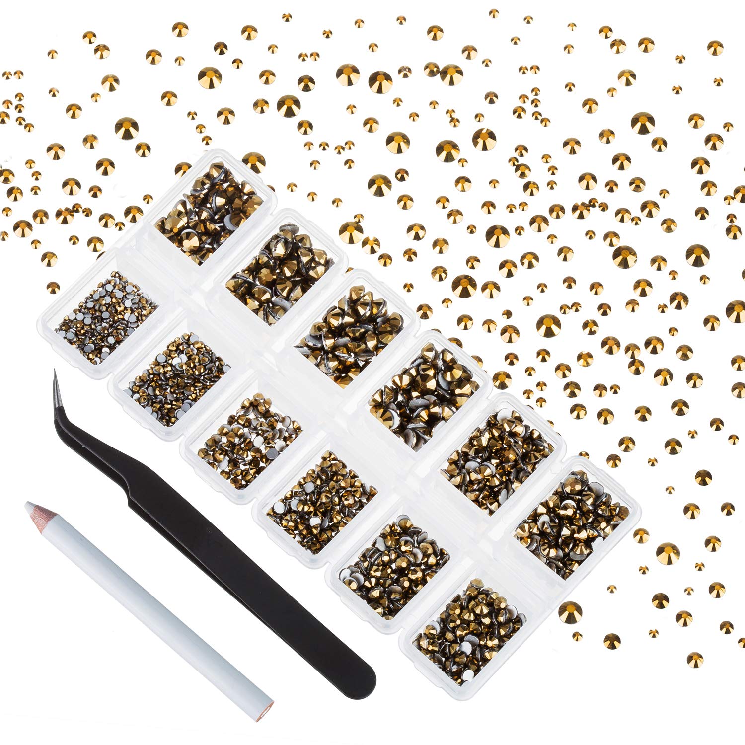 Zealer 4200 Pieces Flat Back Gold Nail Art Rhinestones for Nail Art Decorations, Golden Round Crystal Gems Stickers for Clothes and Craft, 1.5 mm - 4.8 mm, 6 Sizes, 4200.0 count